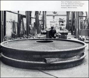 Photograph from a brochure showing a view of Tubeplate sections for a steel Evaporator Vessel supplied to Demerara Sugar Company in British Guiana (now Guyana), c1960. (GUAS Ref: UGD 52/1/2/8 p26. Copyright reserved.) 