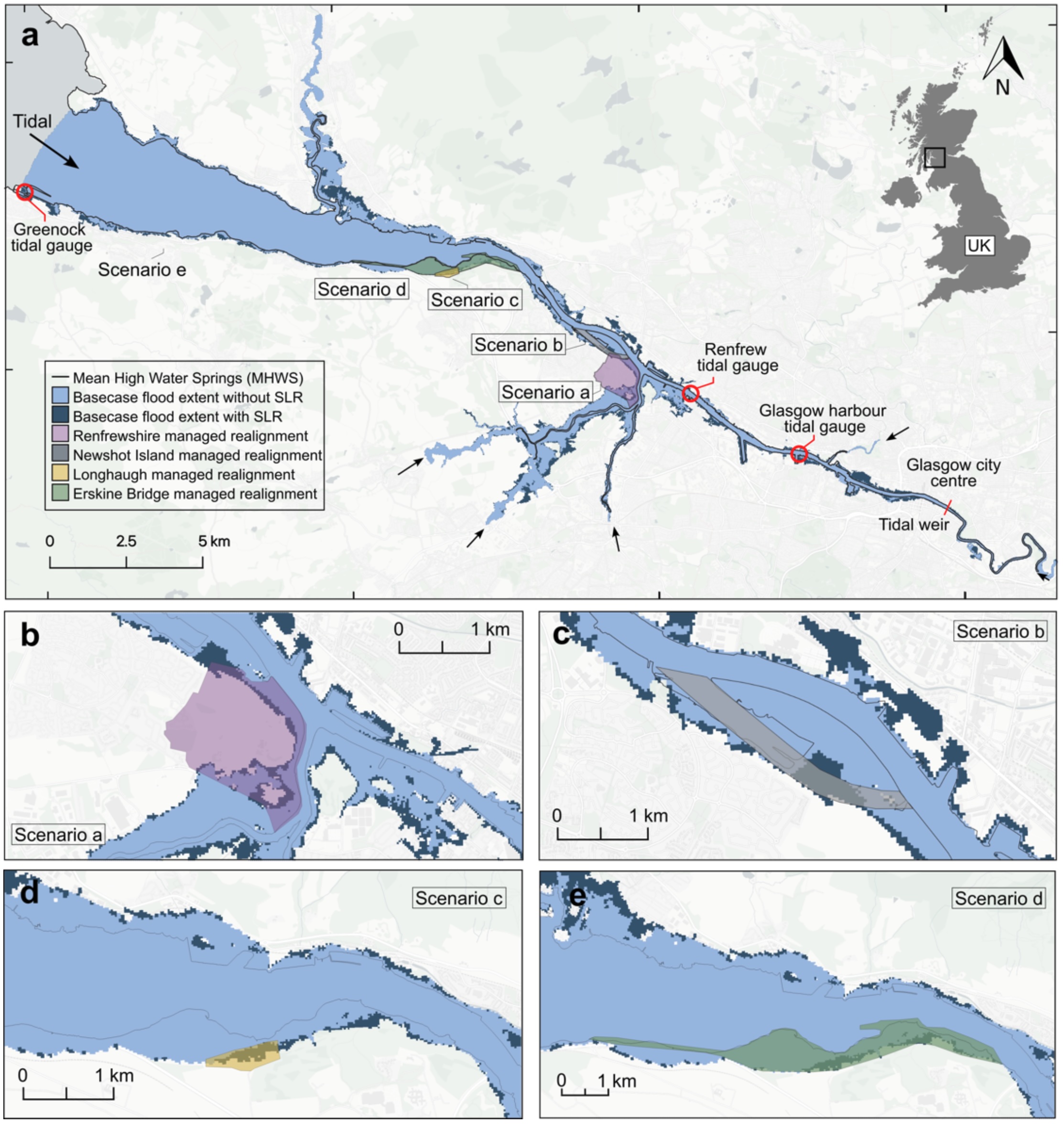 A diagram showing the extent of flooding along the Clyde Estuary in different managed realignment scenarios