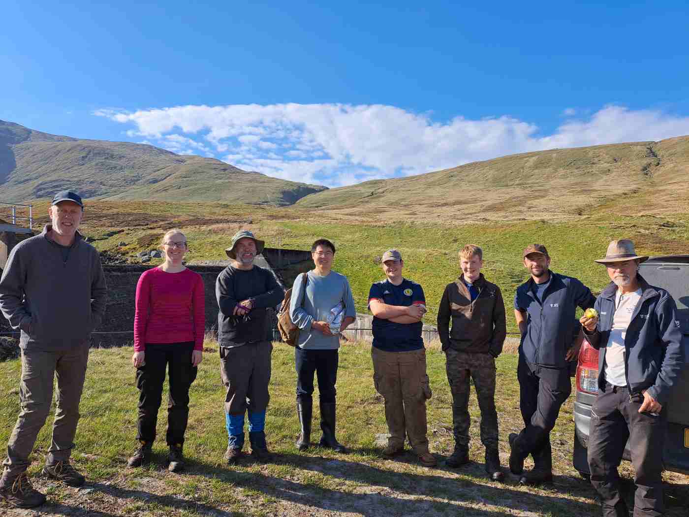 Field team at Ben Lawers. Left to right: Graham Harvey, Isobel Harvey, Derek Alexander, Wenguang Tang, Stuart Munro, Tony Marshall, Jamie Lean and Andrew Warwick. Credit: Nicki Whitehouse 2025).