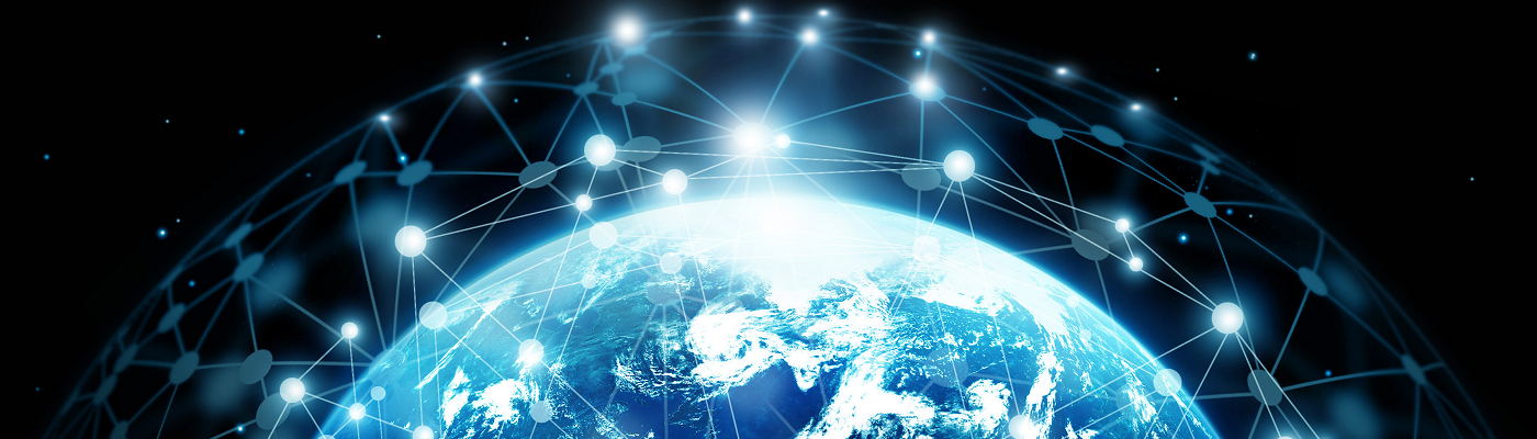 Digital image of earth with whote circles and lines in space representing digital connections