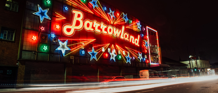 Photograph of theilluminated Barrowlands sign at night - one of Glasgows most famous iconic music venues