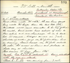 Photograph of a bell order book showing details of an order made by Mirlees Watson & Co for a 32” bell for a church at Maryborough, Queensland, Australia, November 1883. (GUAS Ref: UGD 17/2/1 p160. Copyright reserved.) 