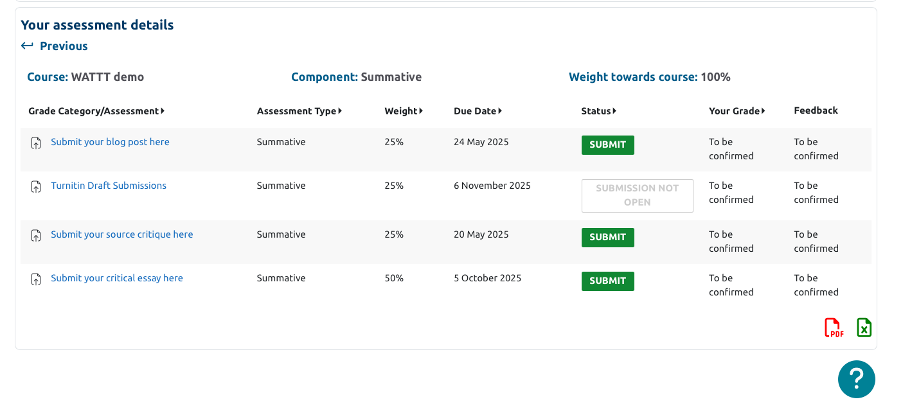 A screenshot of the second layer of the table in MyGrades showing your assessments and status