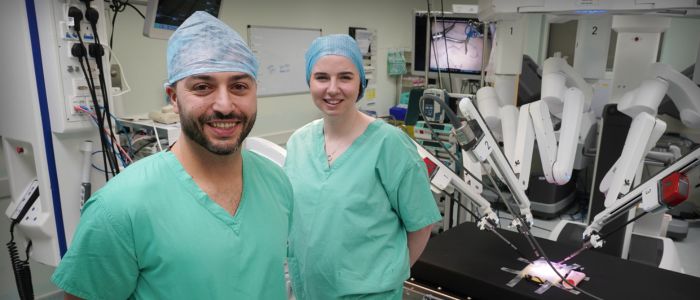 Decorative image of entrepreneurial researchers Nico Fenu and Rebecca Cleary in the lab