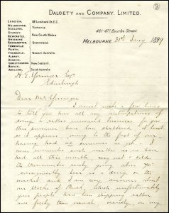 The first page of a letter (3 pages) from Dalgety & Co Ltd in Melbourne to Mr Younger discussing the wet summer being the cause of poor beer sales in Australia, 1899.  (GUAS Ref: WY 7/6/3 p1.  Copyright reserved.)