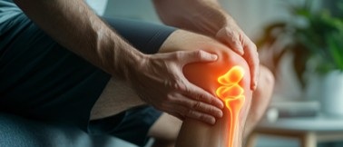 A person holding their knee where we can see the bone highlighted in orange and yellow