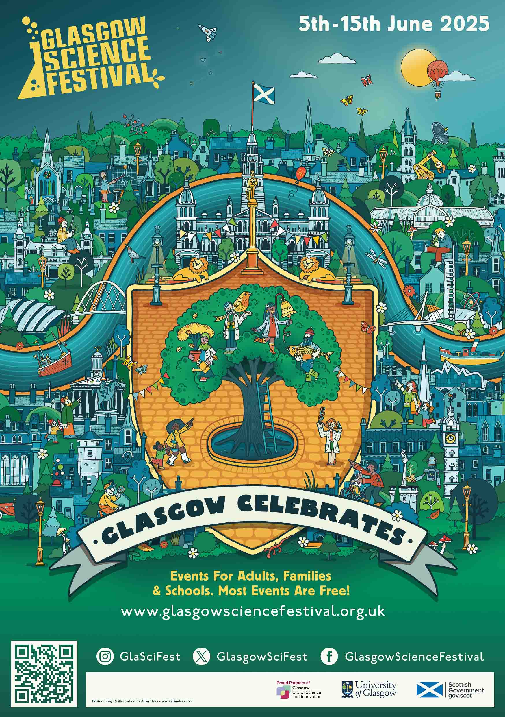 Cartoon coat of arms including an image of a tree with four people in it, one holding a plant, one holding a bird, one holding a bell and one holding a fish. Surrounding this is a green landscape of fields and trees with several people doing outdoor activities such as riding a bike and using a telescope. Text reads: Glasgow Science Festival. 5th - 15th June. Glasgow Celebrates.