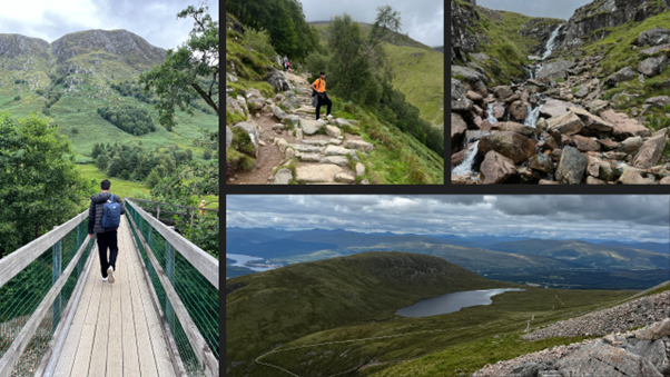 Collage of photos. From Left to Right - Man walking across a bridge in Glen Nevis, Man climbing up stone path of Ben Nevis, waterfall cascading down Ben Nevis, view of the Halfway Lochan from the Ben Nevis climb