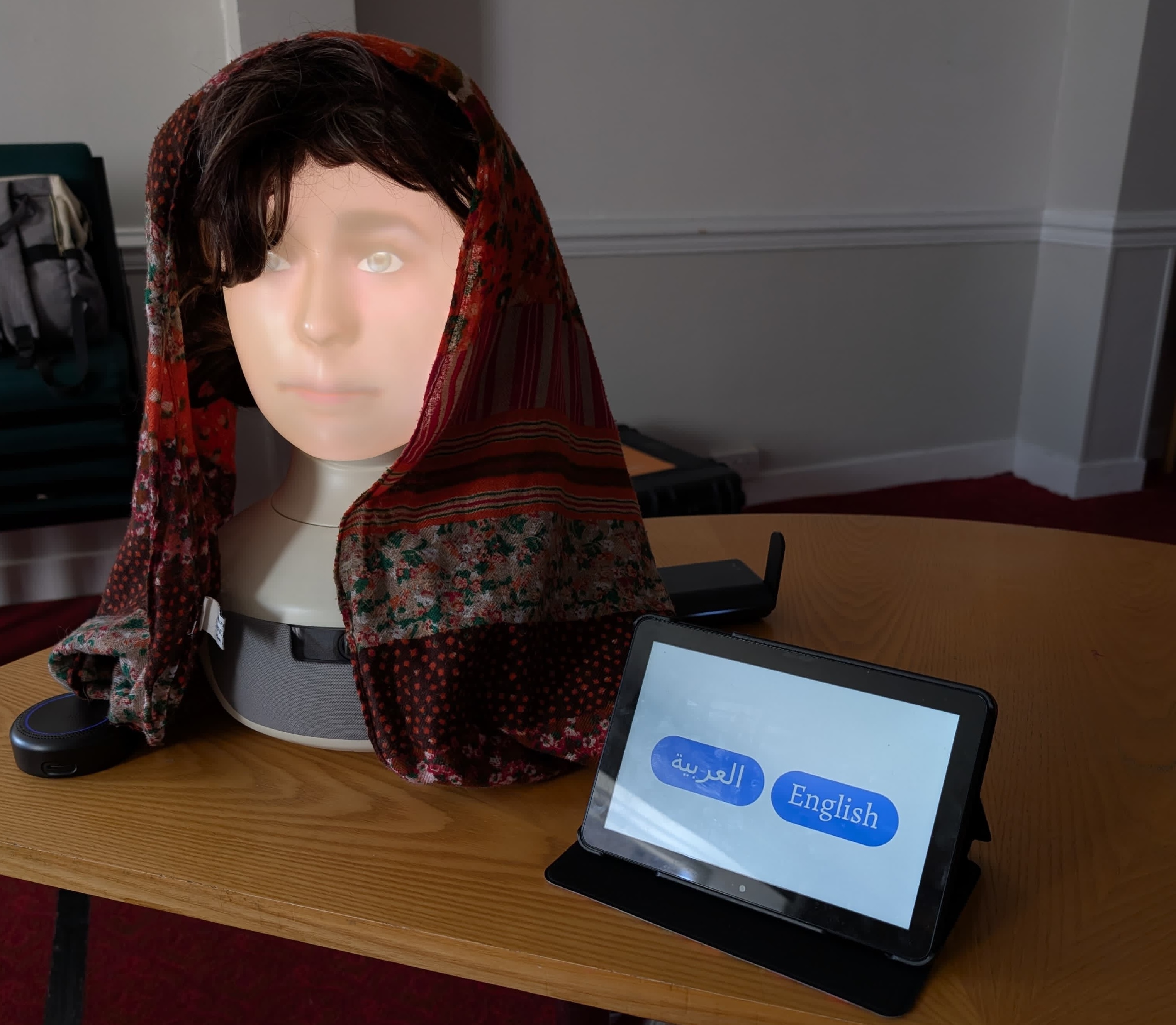 A photograph of the Furhat robot