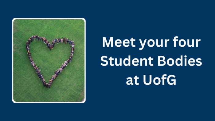 Meet your four Student Bodies at UofG with a photo of a heart made by students standing together