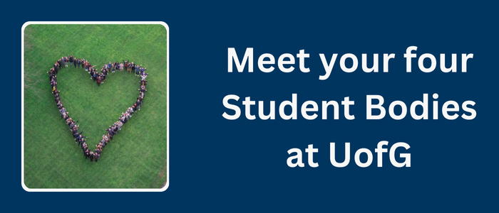 a photo of people standing together forming a heart shape with the words meet your four student bodies at UofG to the right
