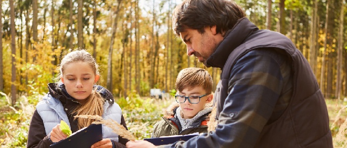 Students listen to a teacher as part of outdoor learning in woods