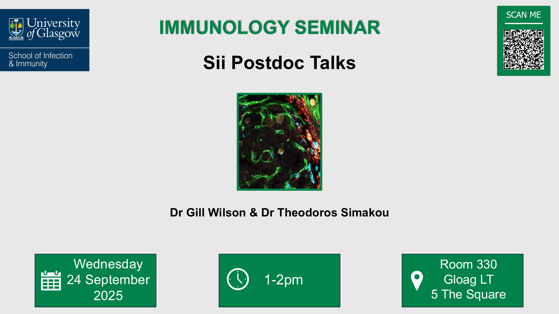 Immunology seminar poster for Sii Postdoc talks, date, time, location and title included in the accompanying text