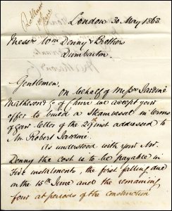 First page of a letter from T B White, writing from Hong Kong in 1863, asking Mr Denny 'to rough out, plan, specification and estimate for a new Boat like Rona, only larger and a little finer lines on the bow'.  (GUAS Ref: UGD 3/5/24 p1.  Copyright reserved.)