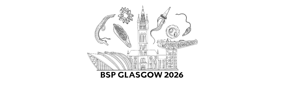 Illustrated logo for BSP Glasgow 2026. The image features detailed black-and-white line drawings of iconic Glasgow landmarks and parasitic organisms. In the center is the University of Glasgow’s main tower. Surrounding it are illustrations of parasites, including helminths, protozoa, and kinetoplastids. On the left is the SEC Armadillo building, and on the right is the Finnieston Crane. Bold text beneath reads: 