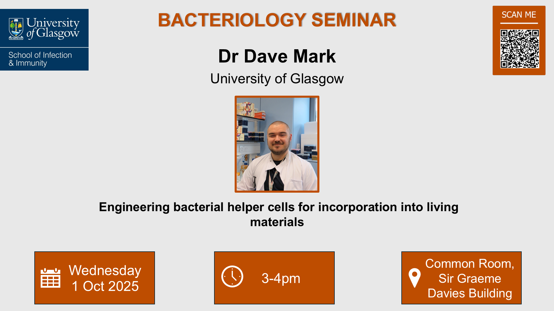 Flyer for Bacteriology seminar Dr Dave Mark, of which the date, time and location are in the accompanying text