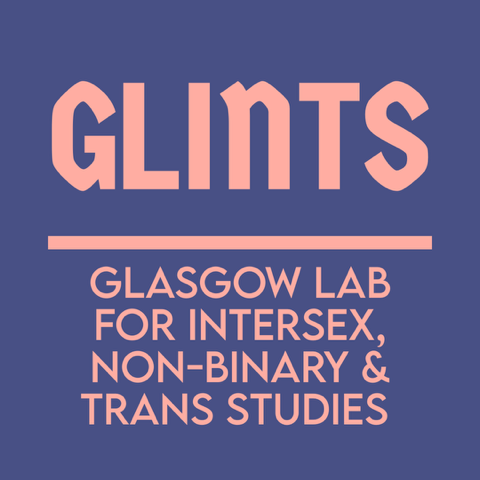 coral text reading 'GLINTS: Glasgow Lab for Intersex, Non-binary and Trans Studies' on a navy background