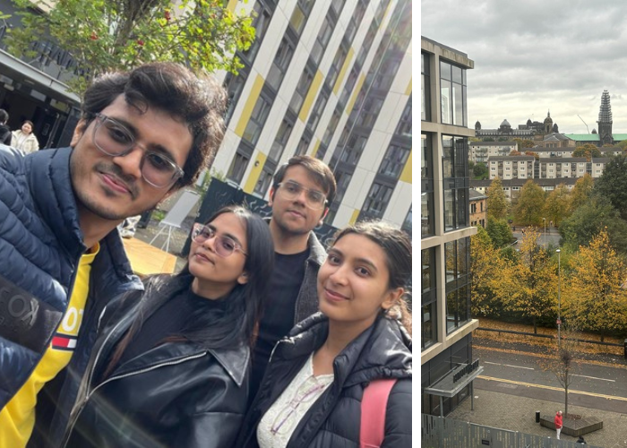 Collage of photos. From left to right: students taking a selfie outside university accommodation; view from student accommodation room at Havannah House overlooking Glasgow Cathedral
