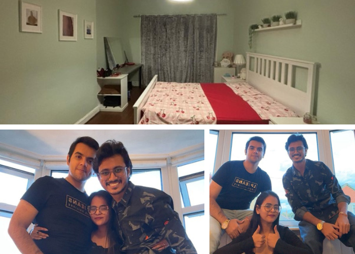 Collage of photos. From top left in a clockwise direction: view of room in a private rented flat; three students sitting together by the window; three students standing together by the window.