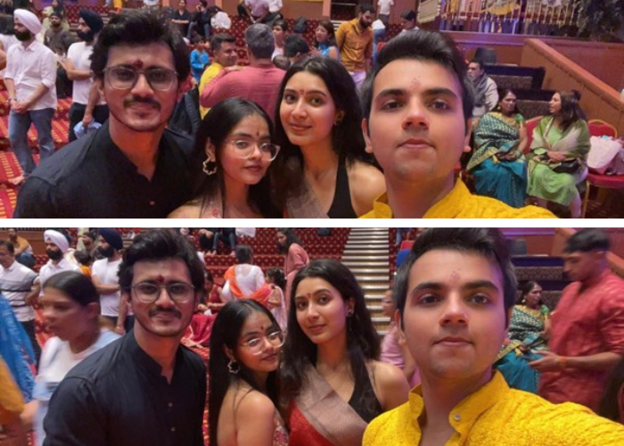 Collage of photos. Both photos (top and bottom) show students taking a selfie at a Desi Society event.