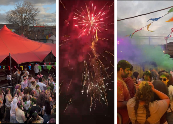 Collage of photos. From left to right: view of people at a festival; fireworks in a dark sky; students at a festival.