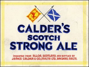 James Calder & Co (Brewers) Ltd acquired brewing premises at Marsa, Malta in 1944.  This is a beer label for James Calder & Co. (Malta) Ltd, Brewers, Malta.  (GUAS Ref: JC 11/11/18.  Copyright reserved.)
