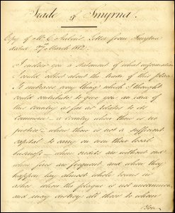 This is the first page of the volume of letters and reports on trade to Turkey via Smyrna compiled by Christopher Aubin for James Finlay in 1812.  It also contains descriptions of trade in Smyrna (now Izmir, Turkey), Balssa, and Constantinople.  (GUAS Ref: UGD 117/1 p1.  Copyright reserved.)