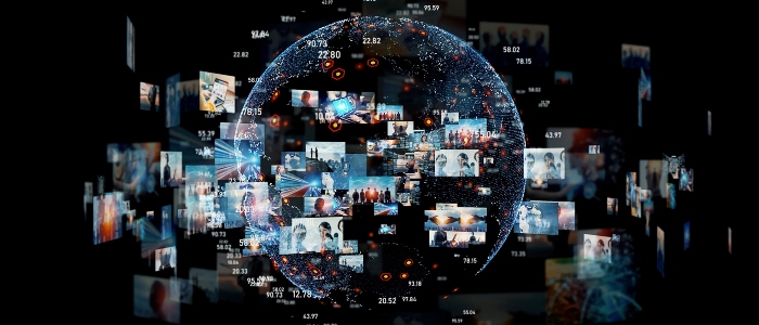 A group of point in the shape of the earth with pictures of people and technology