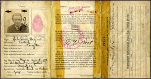 This is the second page of an Alien Seaman’s Identification Card for John Dell Bedford for entry into the United States of America, dated 1919.  Sailors were required to have an identification card when entering USA ports.  (GUAS Ref: UGD 131/3/8/3/7. Copyright reserved.) 
