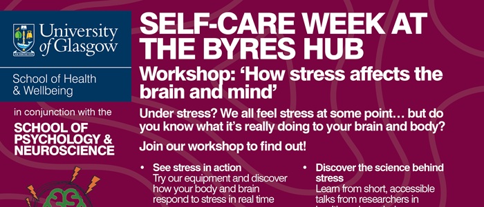 Flyer advertising Byres Hub Self Care week stress workshop on 19th November