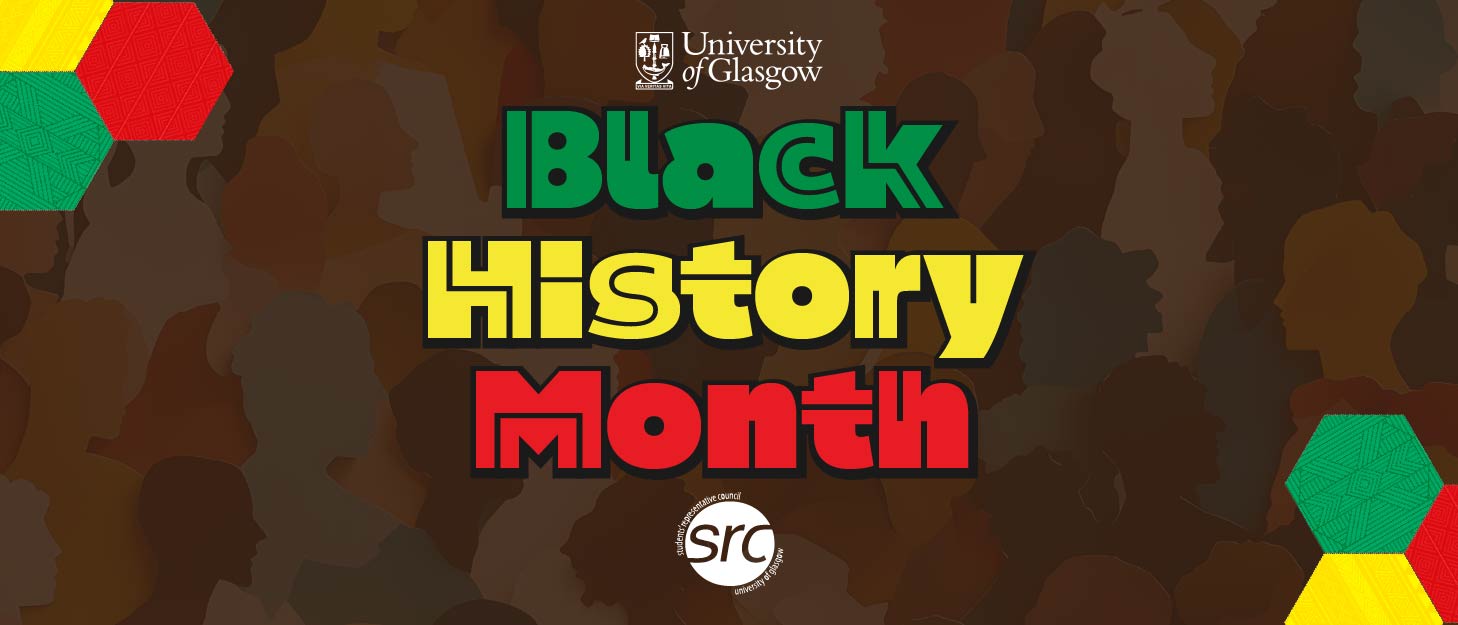 A graphic with a brown background and green yellow and red text which reads Black History Month