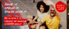Two students sitting on a kerb smiling at the camera, text reads; save it, spend it, study with it. Be in with a chance of winning a £1000 grant, enter by 27 Nov 2025