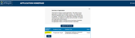 Screenshot of admissions portal