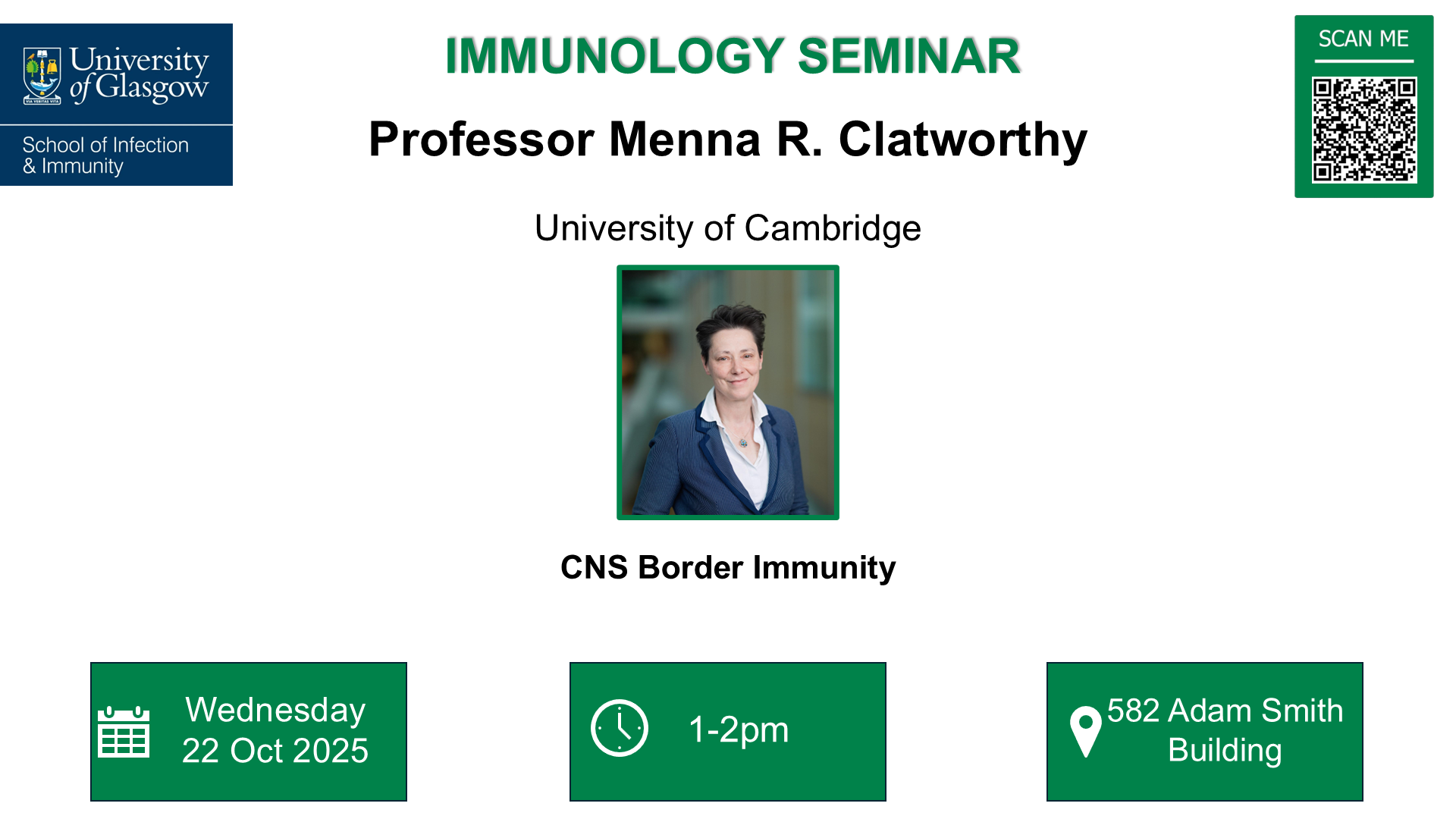Flyer for Immunology seminar, Dr Menna Clatworthy, of which the date, time and location is included in the accompanying text