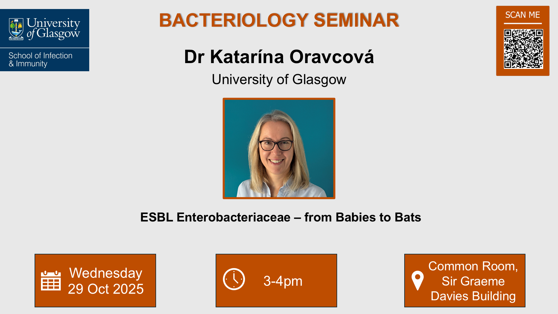 Flyer for bacteriology seminar Katarina Oracova, of which the date, time and location are in the accompanying text