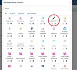 Moodle interface highlighting where the Cadmus plug-in can be found