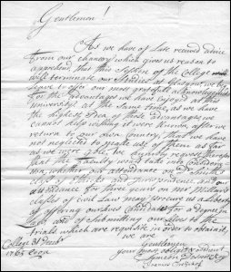 Letter to the members of Senate of the University of Glasgow from Semion Desnitsky and Ivan Tretyakov offering themselves as candidates for the 'trials', the oral examination required prior to the awarding of a degree, 31st December 1765.  (GUAS Ref: GUA 30225.  Copyright reserved.) 