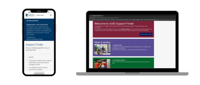 an image of the student portal on a mobile phone screen next to a photo of the student support finder interface on a laptop screen