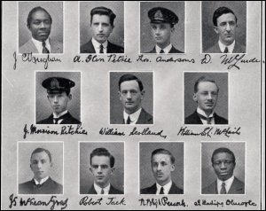 Final year dinner book for 1913-1918 MB ChB students, featuring James Churchill Vaughan (top left) and Isaac Lapido Oluwole (bottom left).  (GUAS Ref: DC 225/1/5.  Copyright reserved.)