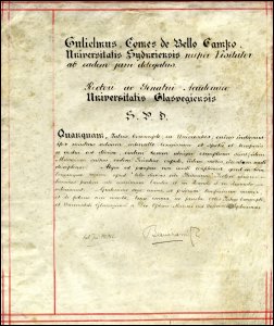 A greeting in Latin on a piece of parchment, sent by the University of Sydney, one of many similar congratulatory addresses, telegrams and letters of greetings received by the University of Glasgow during its Ninth Jubilee celebrations, 1901. (GUAS Ref: DC 184/120. Copyright reserved.) 