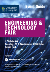 Fibre optic cables with University of Glasgow and Motorola Solutions logos and text overlaid: Engineering & Technology Fair 2025 Event Guide; Tuesday, 28 & Wednesday, 29 October, 11:00-14:00; Key Sponsor: Motorola Solutions