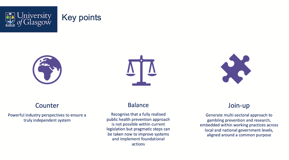 Slide emphasising the need to 1. counter industry power; 2. pursue foundations for a public health approach to gambling harms; 3. join up sectors to create a responsive approach to gambling harms