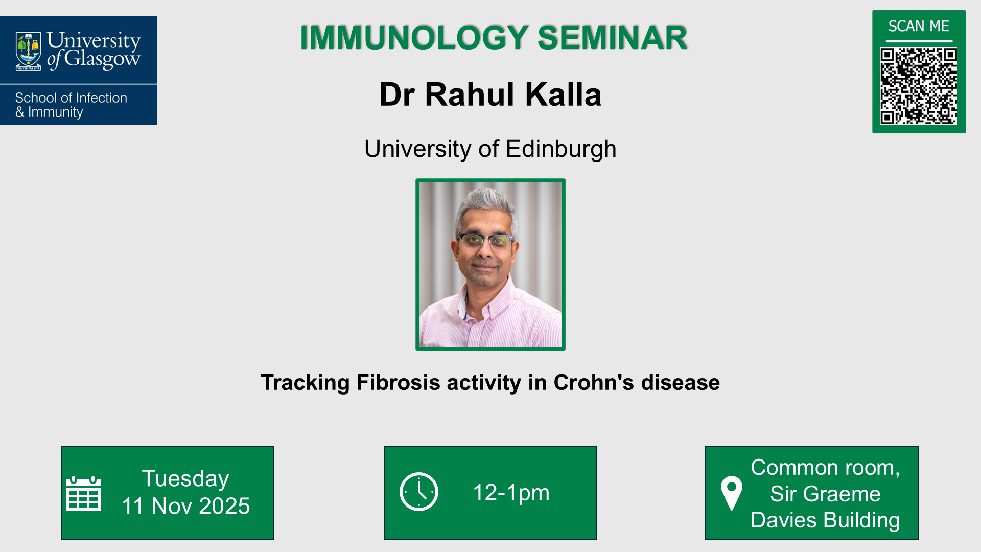 Immunology seminar flyer Dr Rahul Kalla, of which the date, time and location are included in the accompanying text