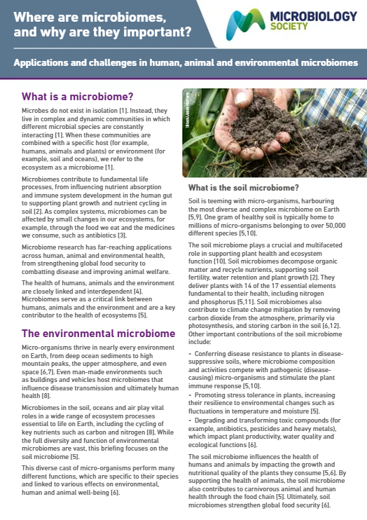 The cover of the Microbiology Society Microbiome briefing document, including the MS logo and an image of a hand scooping up soil above text that is intentionally too small to read, as this is just to show the cover