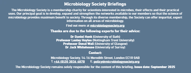 The closing credits of the briefing thanking experts for their advice, naming Professor Wall, as well as Dr Daniel Henk (University of Bath), Professor Lesley Hoyles (Nottingham Trent University), and Dr Jack Whitehouse (University of Surrey)