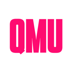 white background with 'QMU' in bright pink capital letters in the centre