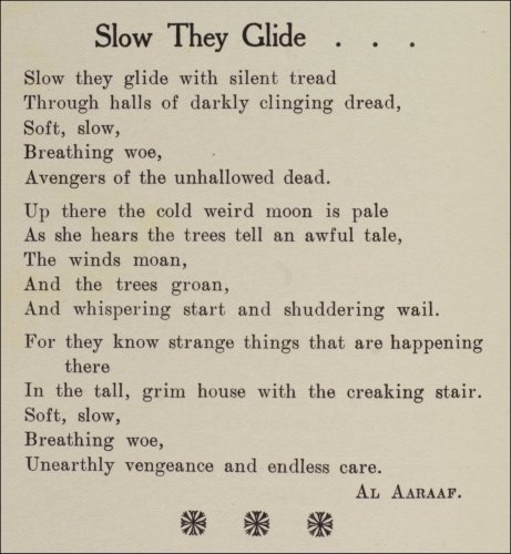 Hannah Frank's poem, entitled 'Slow they glide', published under the pseudonym Al Aaraaf, from the Glasgow University Magazine (GUM), Vol 38 No 9 p268, 23rd February 1927. (GUAS Ref: DC 198/1/34a.  Copyright reserved.)