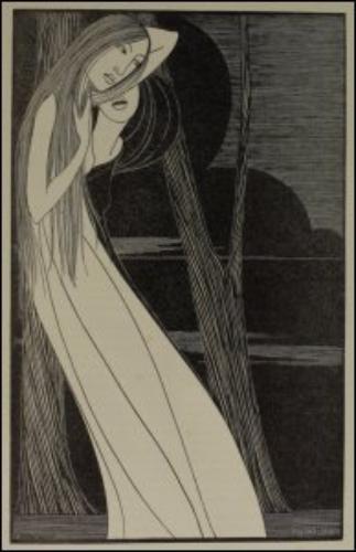 Hannah Frank's untitled illustration, facing the page entitled 'Glamour', published under the pseudonym Al Aaraaf, in the Glasgow University Magazine (GUM), Vol 40 No 4 p97, 5th December 1928. (GUAS Ref: DC 198/1/36. Copyright reserved.)