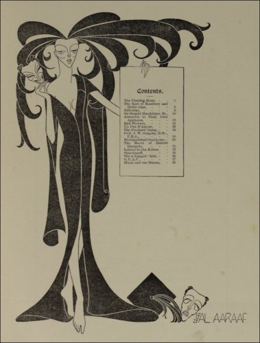 Hannah Frank's illustrated contents page, published under the pseudonym Al Aaraaf, in the Glasgow University Magazine (GUM), Vol 41 No 1, 23rd October 1929. (GUAS Ref: DC 198/1/37. Copyright reserved.) 