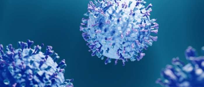 Illustration of a virus particle with spike-like structures on its surface.